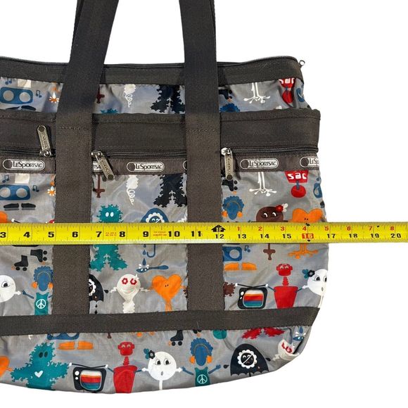 LE SPORTSAC Medium Travel Tote Robot Print 3 Front Pockets Grey/Red/Blue - Picture 2 of 13